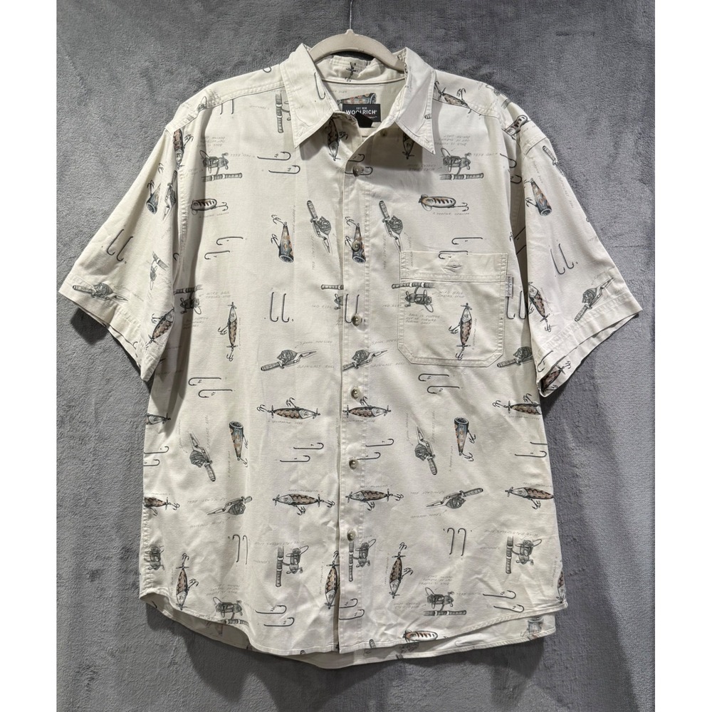 Vintage Woolrich Mens L Fishing Lure Print Short Sleeve Button Down Shirt Beige